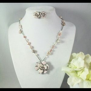 Pink Enamel Rose Flower Blossom Freshwater Pearl Pendant Necklace Earring Set